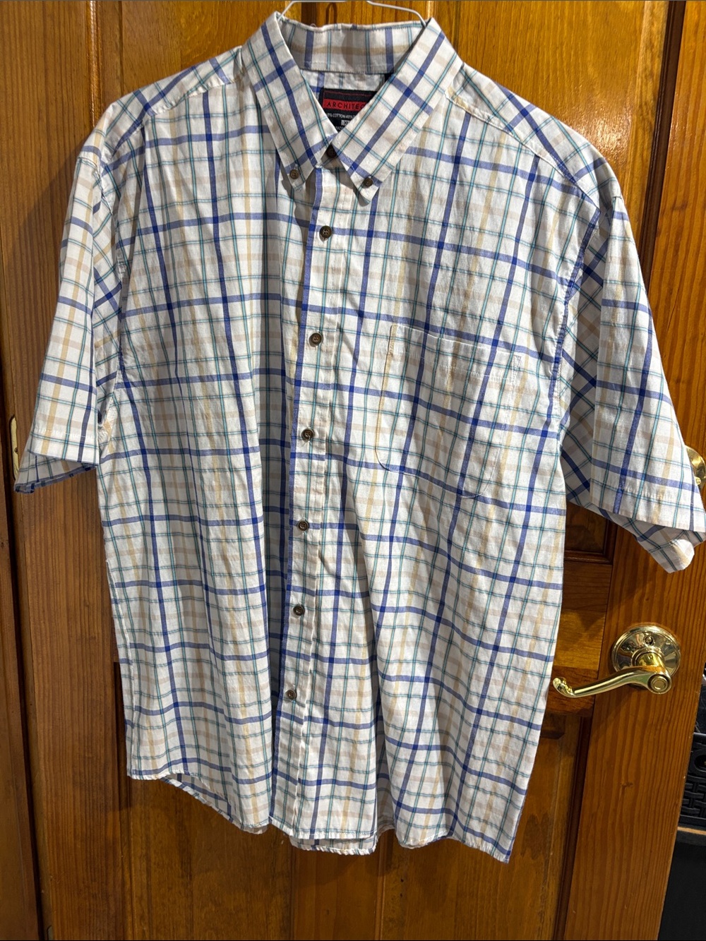 Architect Short-Sleeve Plaid Button-Down Shirt in White, Blue & Tan